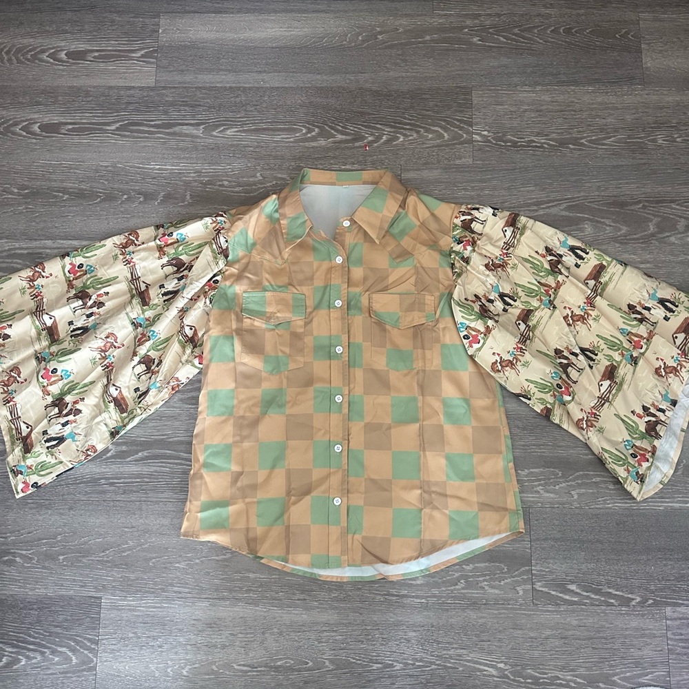 Western Checkered Shirt with Horse Patterned Sleeves